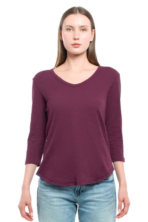 3/4 Sleeve V-Neck Shirttail Tee With Raw Hem Top