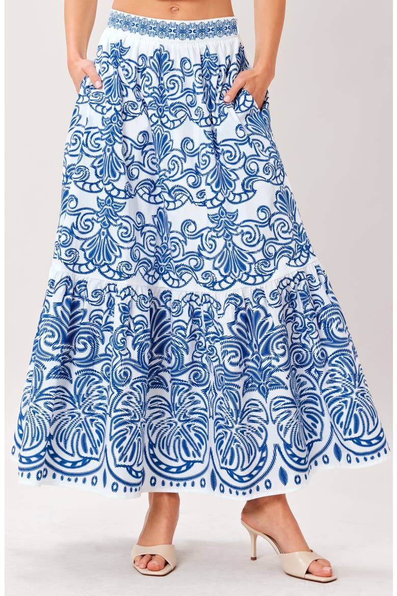 Tiered Cotton Maxi Skirt, Alternate, color, WHITE BLUE