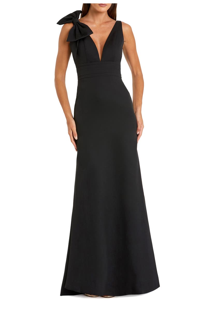 Mac Duggal Petite Sleeveless V Neck Bow Detail Mermaid Gown, Main, color, Black