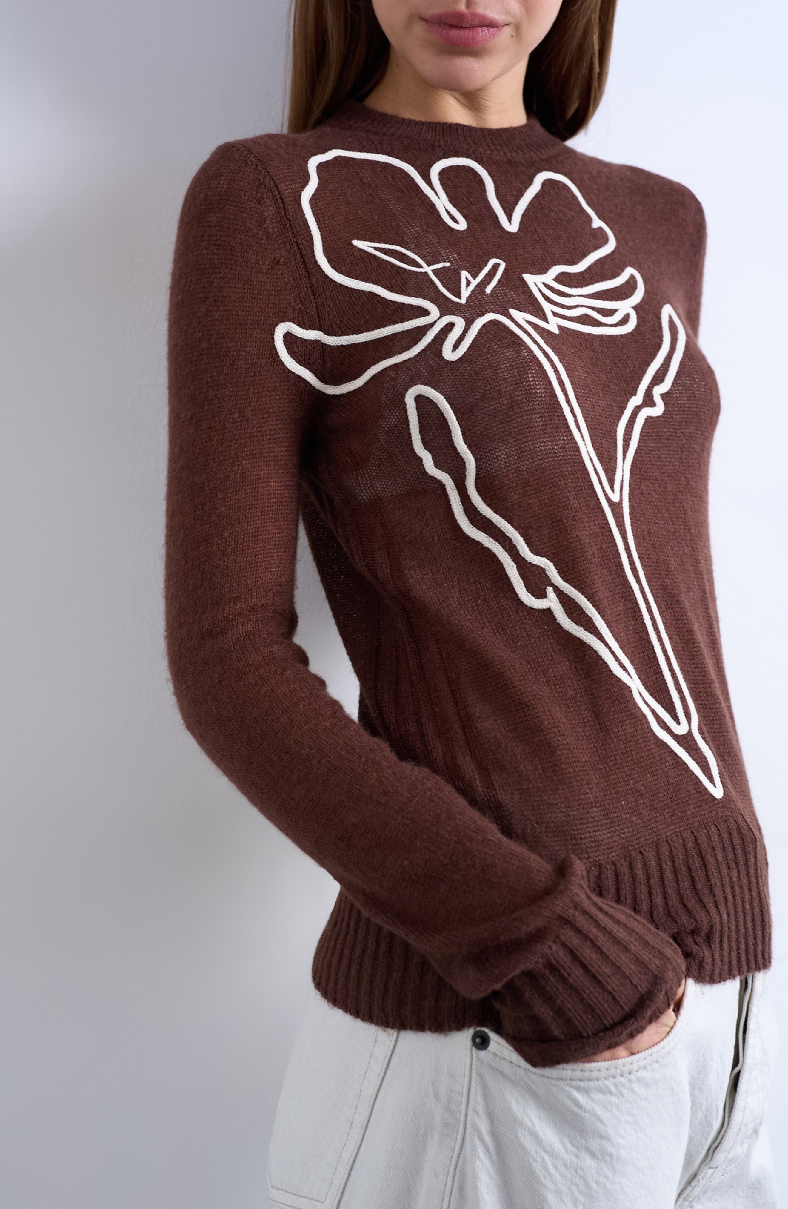 Floral Embroidered Semisheer Sweater