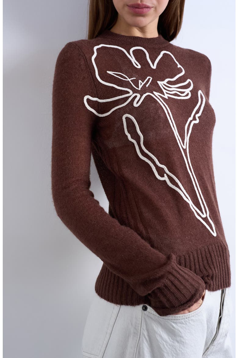 Floral Embroidered Semisheer Sweater, Main, color, BROWN
