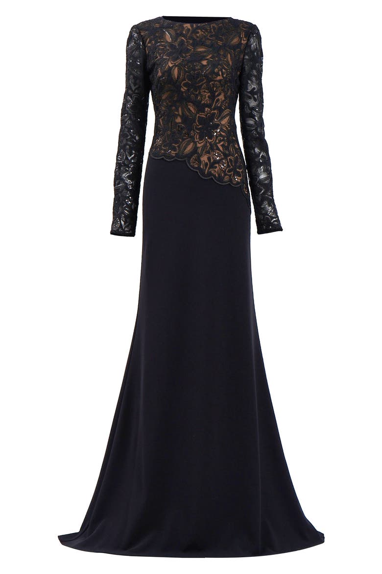 Embroidered Lace Long Sleeve Gown, Alternate, color, BLACK/ BEIGE