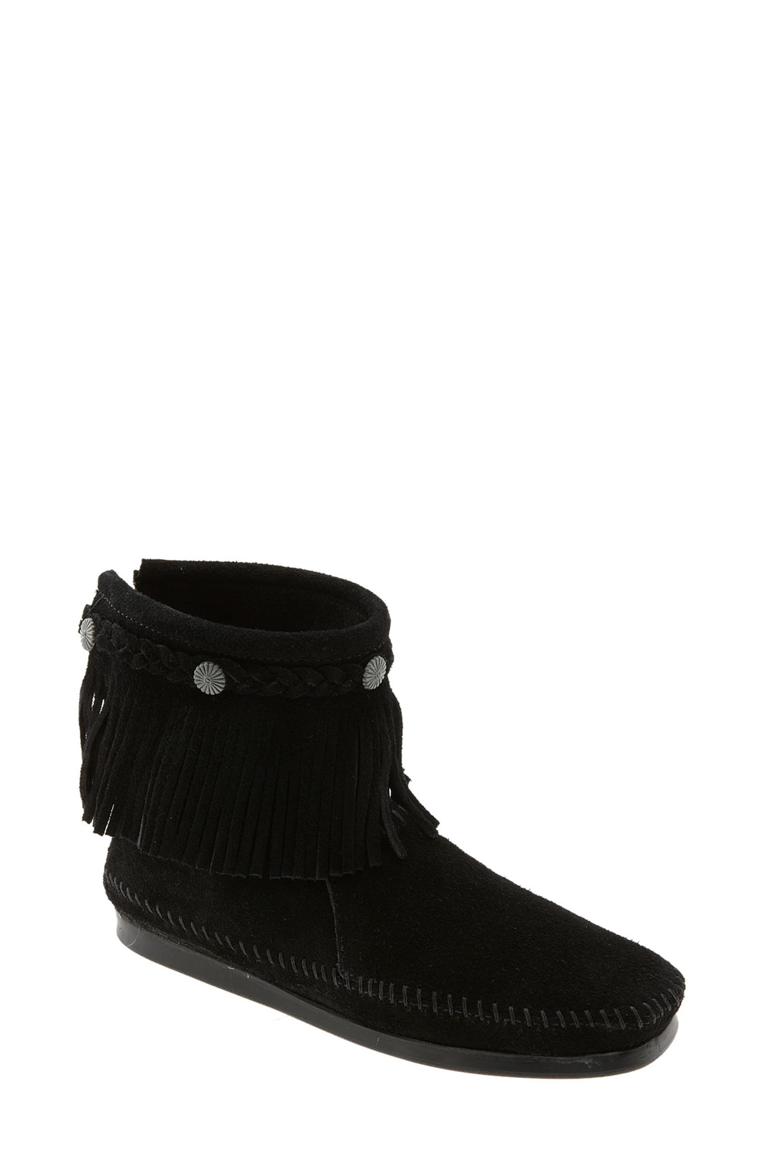 Minnetonka Fringe Bootie, Main, color, Black
