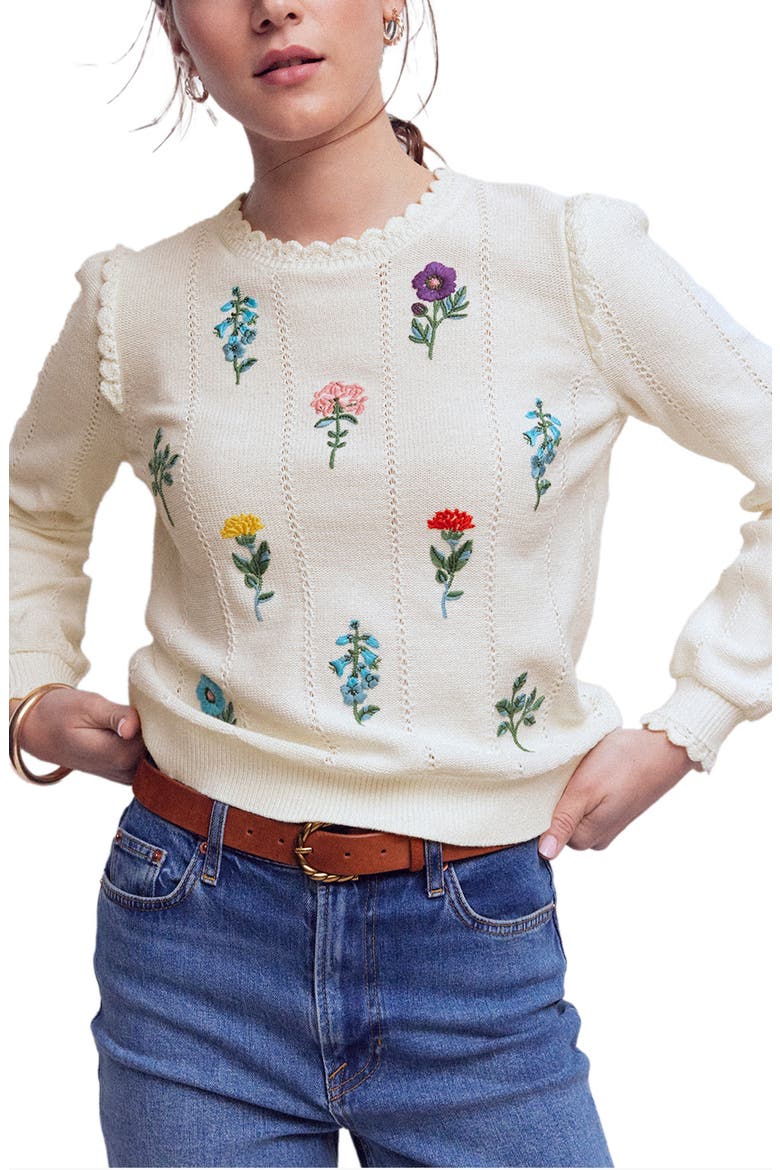 Valeria Floral Embroidered Sweater, Main, color, WARM IVORY MELANGE EMBROIDERY