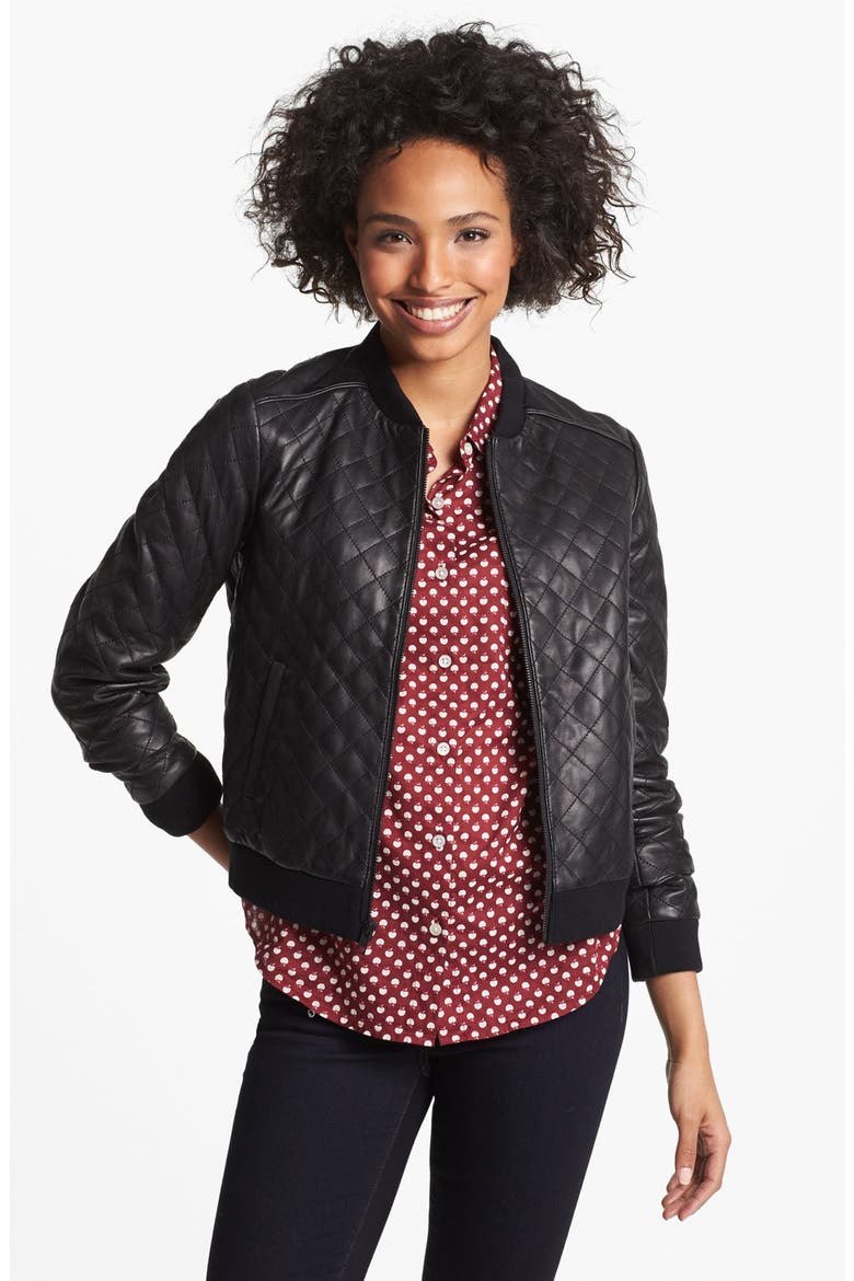 Quilted Leather Bomber Jacket, Main, color, BLACK