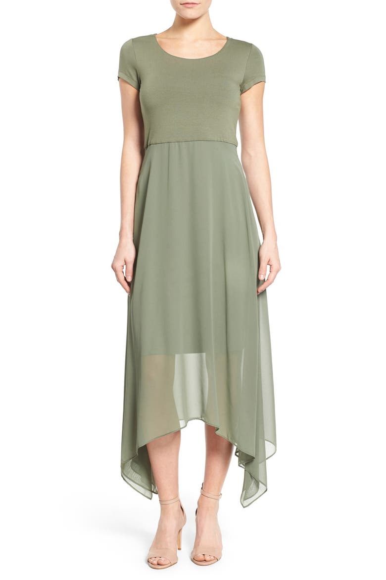Asymmetrical Chiffon Overlay Cap Sleeve Dress, Main, color, SAGE