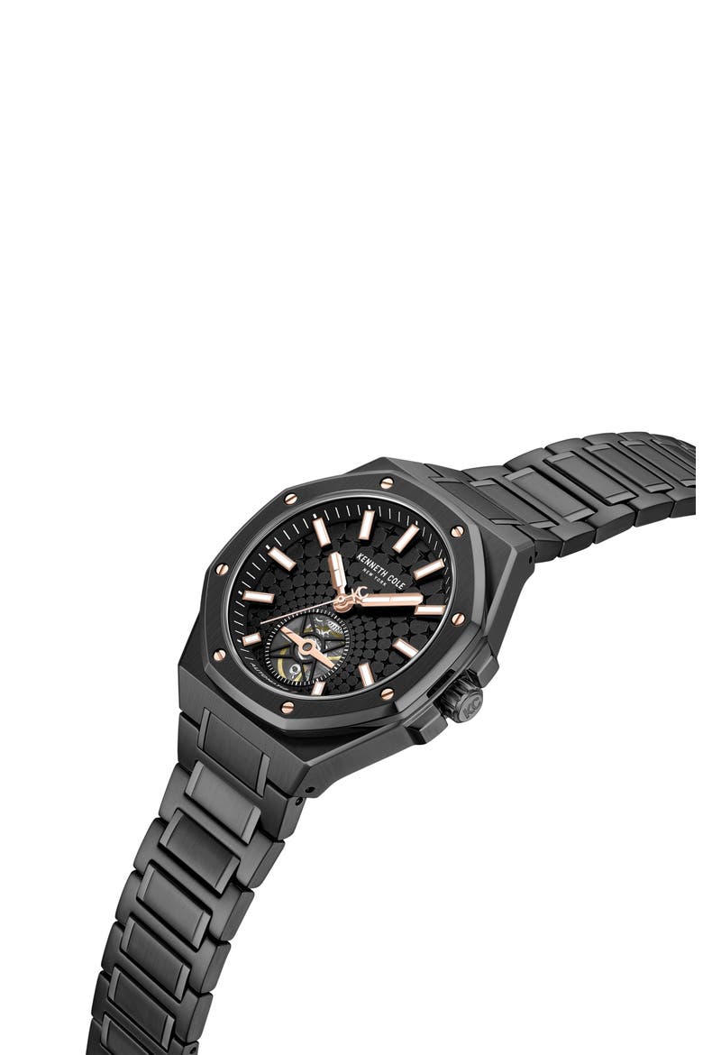 Benson Open Heart Blue Dial Automatic Bracelet Watch, 43mm, Alternate, color, BLACK
