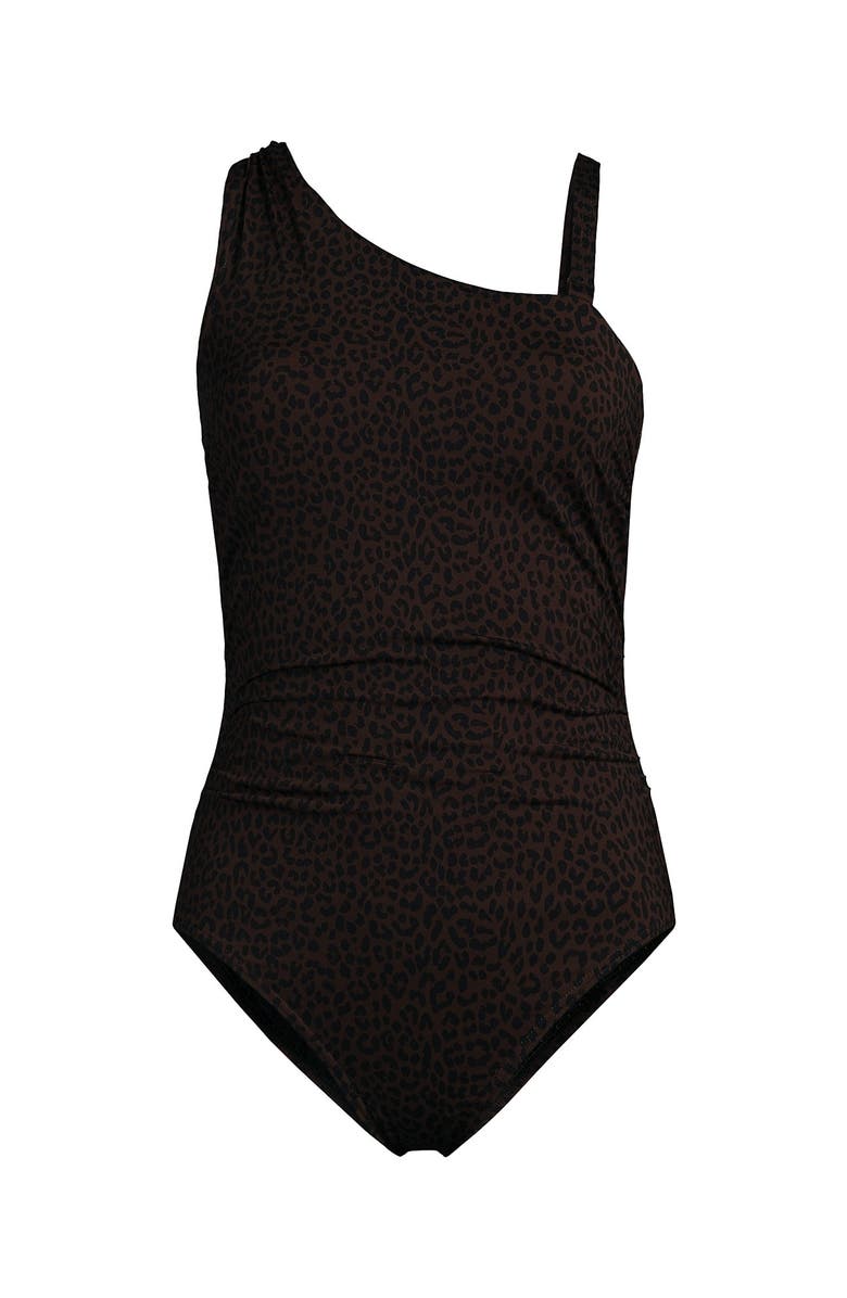 Lands' End Plus Size Shirred One Shoulder One Piece Swimsuit, Alternate, color, Brown Leopard
