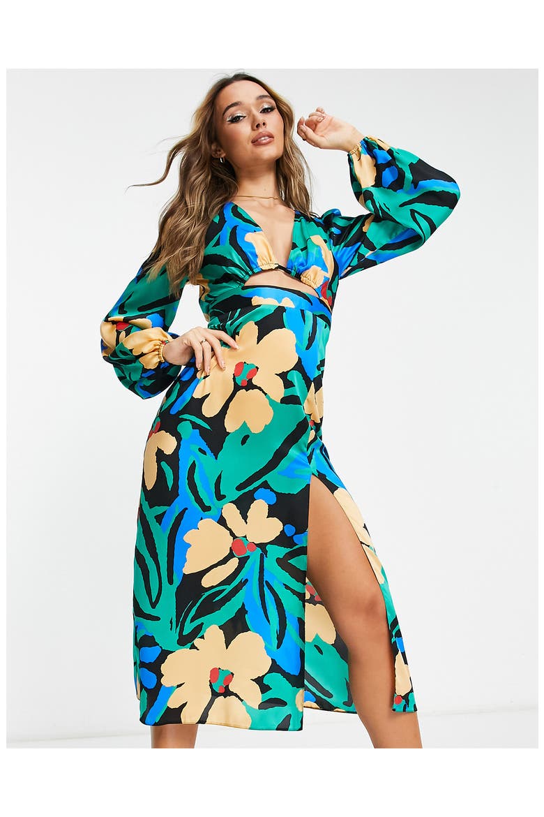 Floral Cutout Long Sleeve Satin Midi Dress, Alternate, color, BLUE