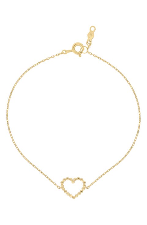 14K Gold Beaded Heart Charm Bracelet