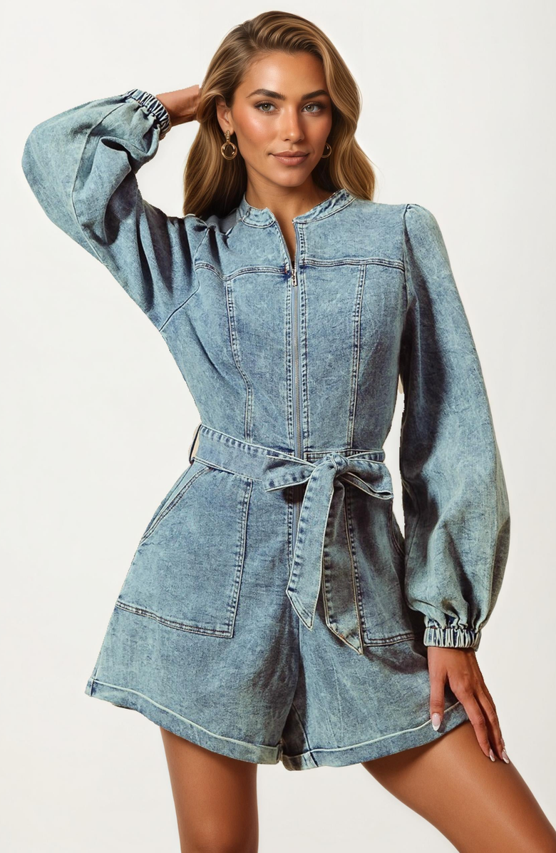 Knit and Lounge Long Sleeve Belted Front Zip Denim Romper, Alternate, color, 
