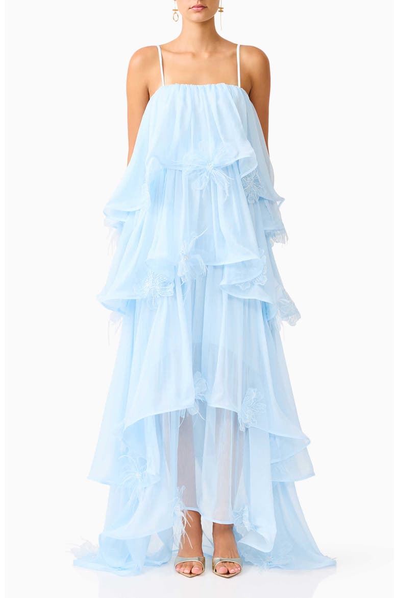 Zadie Tiered Appliqué Chiffon Gown, Main, color, BLUE