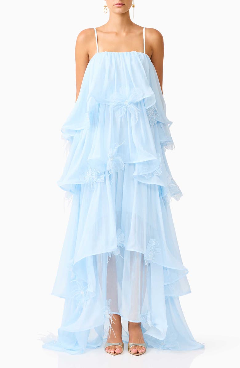Elliatt Zadie Tiered Appliqué Chiffon Gown, Main, color, Blue