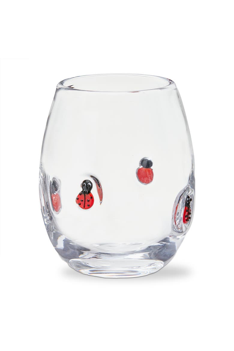 Ladybug Stemless Wine Glass 16 oz Red Multi Glass 3.5x3.5x4.5 in, Main, color, Red