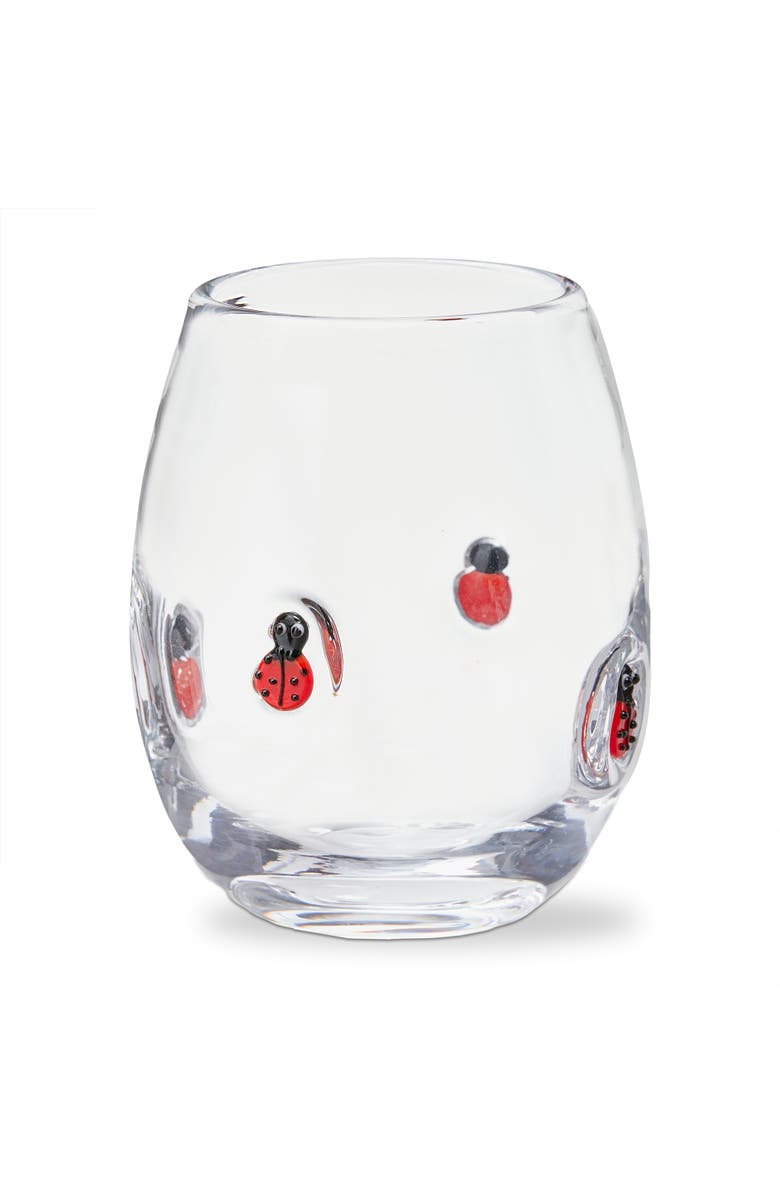 tag Ladybug Stemless Wine Glass 16 oz Red Multi Glass 3.5x3.5x4.5 in, Main, color, Red