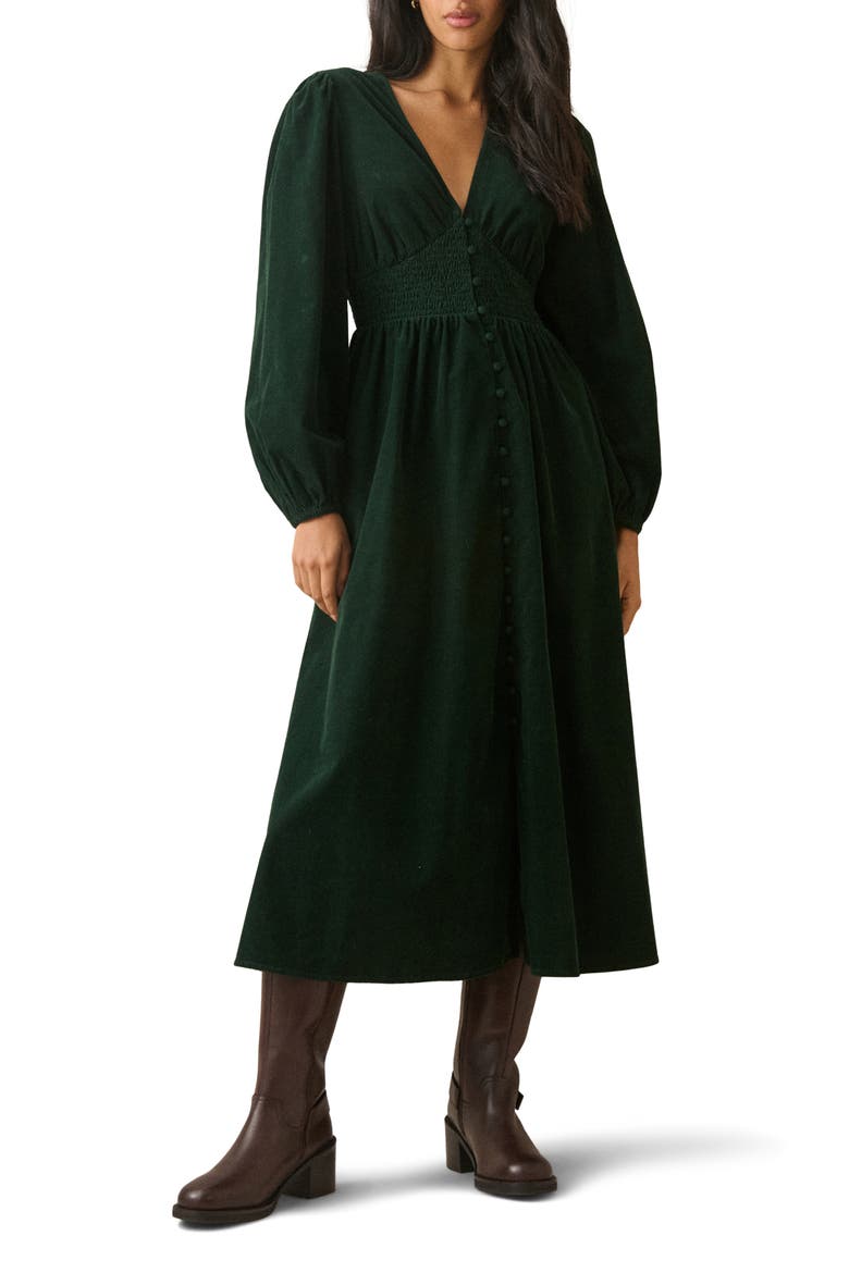 Riley Shirred Waist Corduroy Midi Dress, Main, color, GREEN