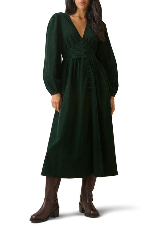 Riley Shirred Waist Corduroy Midi Dress
