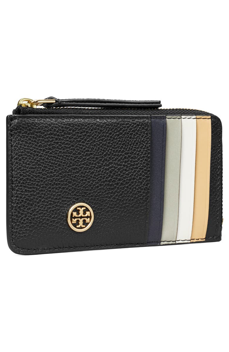 Tory Burch Robinson Pebble Leather Card Case, Alternate, color, Black