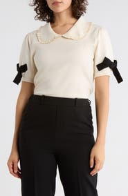 Adrianna Papell Ruffle Peter Pan Collar Short Sleeve Sweater