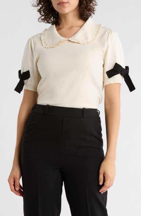 Adrianna Papell Ruffle Peter Pan Collar Short Sleeve Sweater