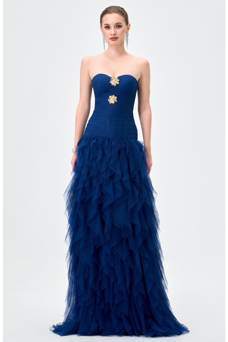 Ziana Strapless Ruffle Ball Gown, Main, color, NAVY