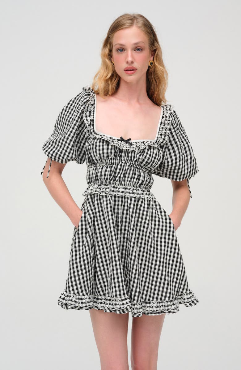 For Love & Lemons Jackson Gingham Ruffle Cotton Minidress, Alternate, color, Black