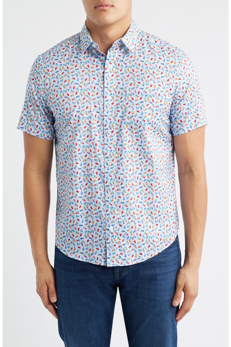Logan Cocktail Print Short Sleeve Cotton Blend Button-Up Shir, Main, color, BLUE MULTI HAPPY HOUR
