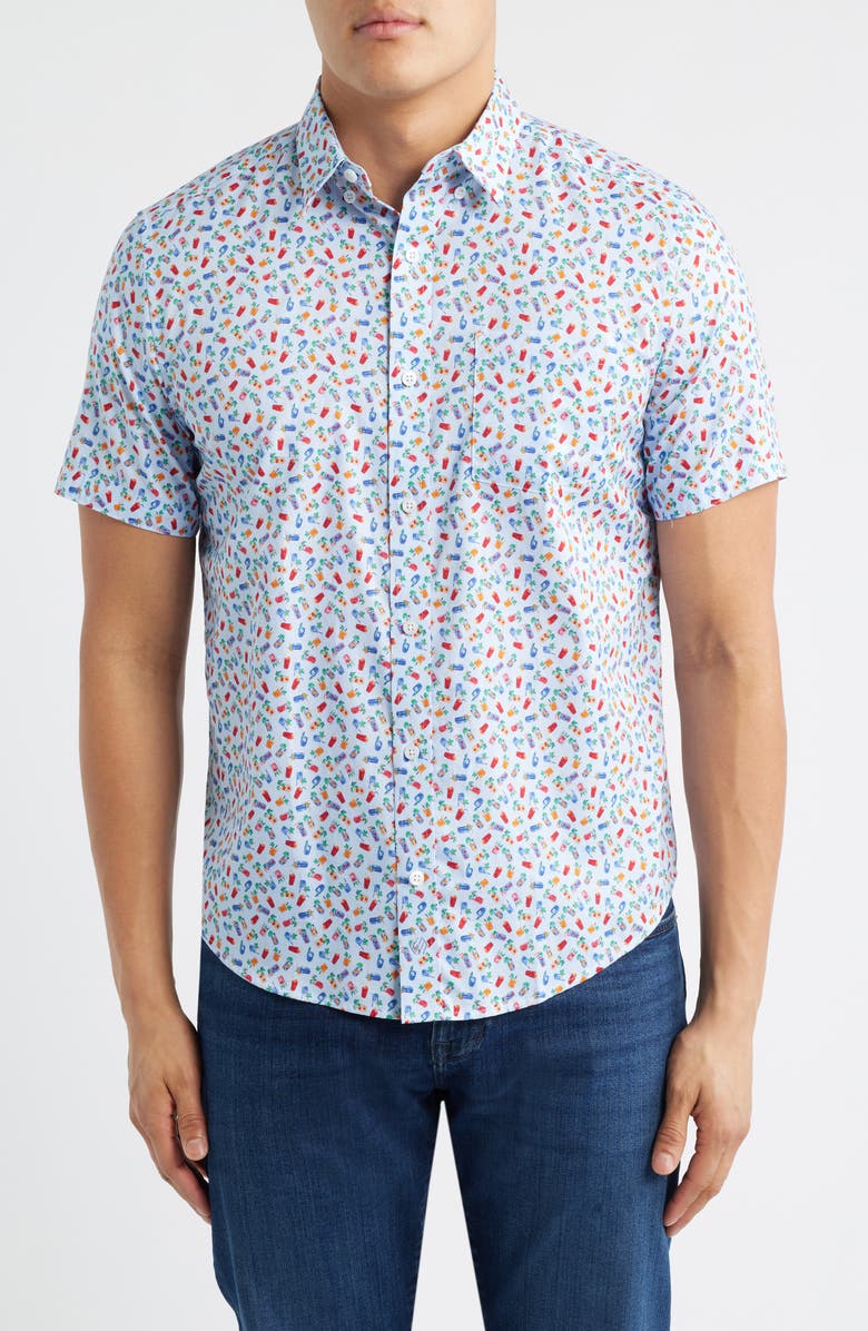Johnston & Murphy Logan Cocktail Print Short Sleeve Cotton Blend Button-Up Shir, Main, color, Blue Multi Happy Hour
