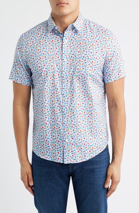 Logan Cocktail Print Short Sleeve Cotton Blend Button-Up Shir