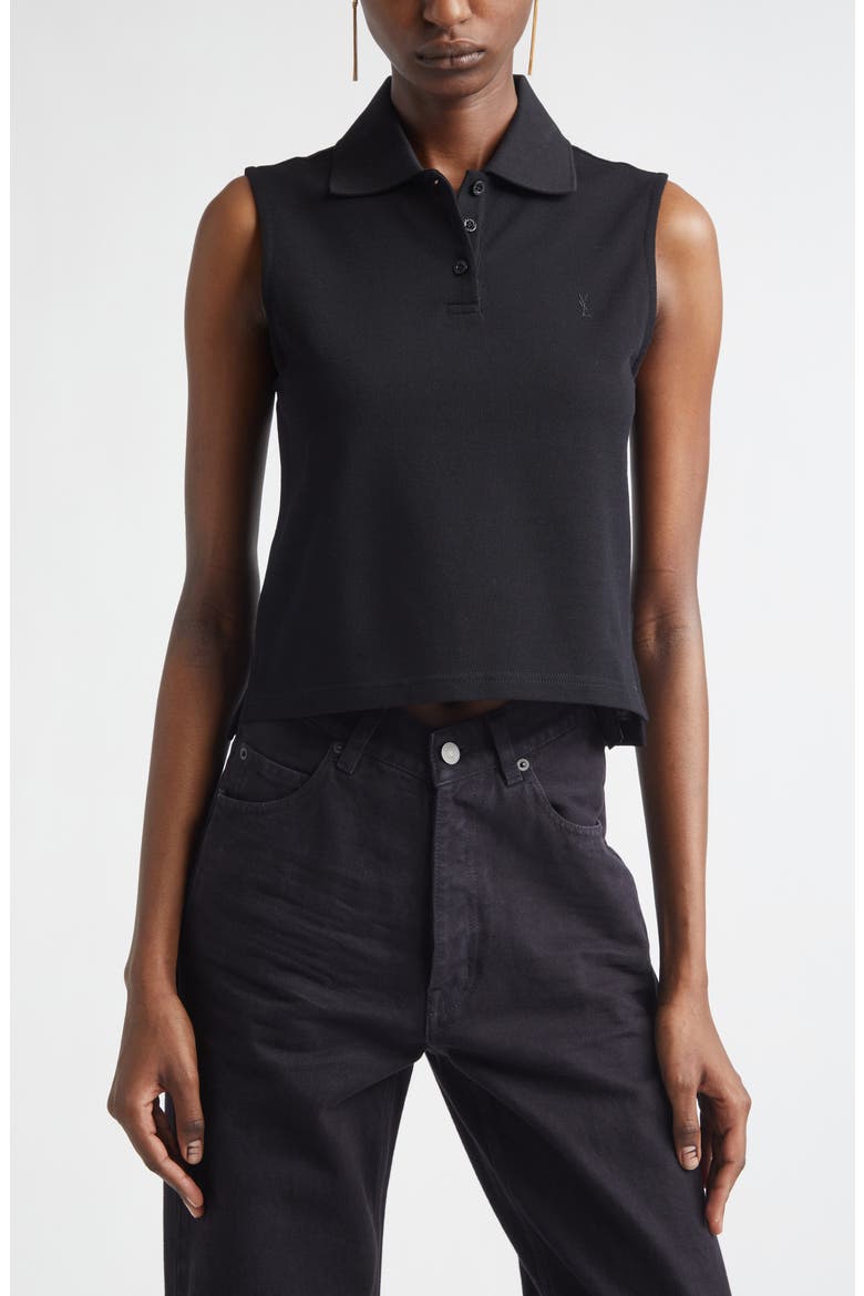 Cassandre Embroidered Sleeveless Cotton Piqué Polo, Main, color, NOIR