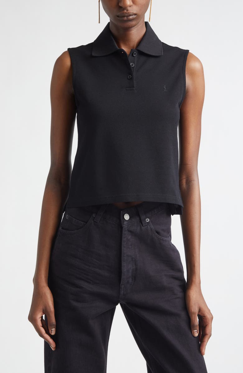 Saint Laurent Cassandre Embroidered Sleeveless Cotton Piqué Polo, Main, color, Noir