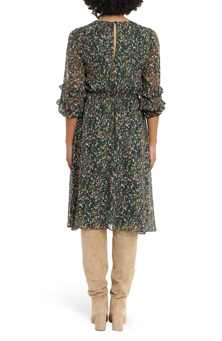 London Times Printed Ruched Jewel Neck Ruffle Bishop Sleeve Midi Dress, Alternate, color, 