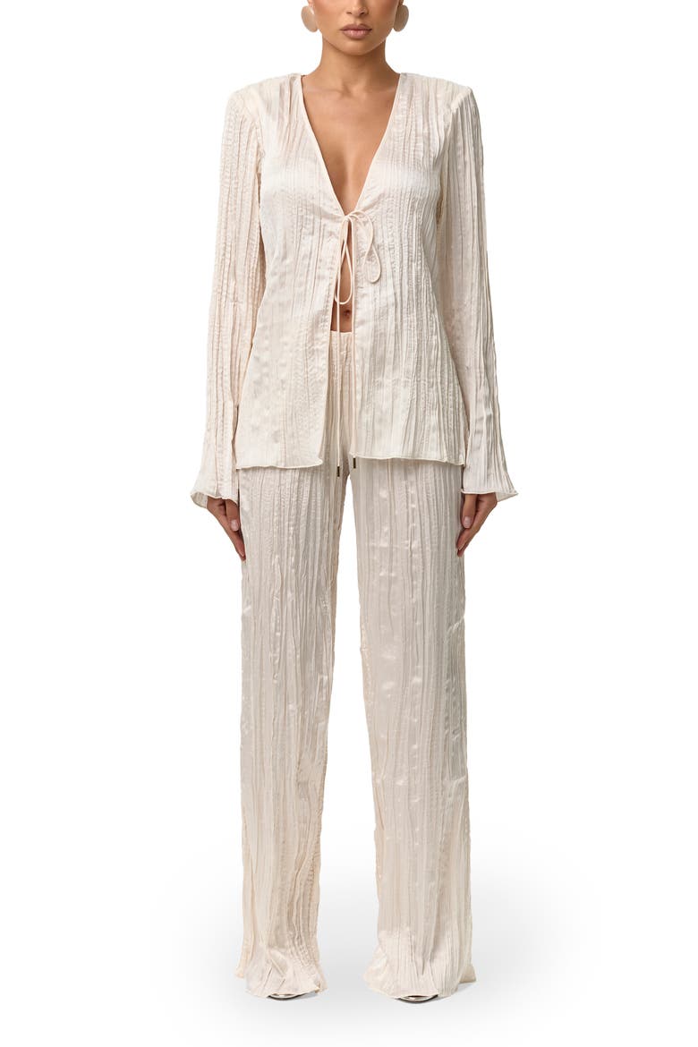 Plissé Tie Front Satin Top, Alternate, color, CREMA