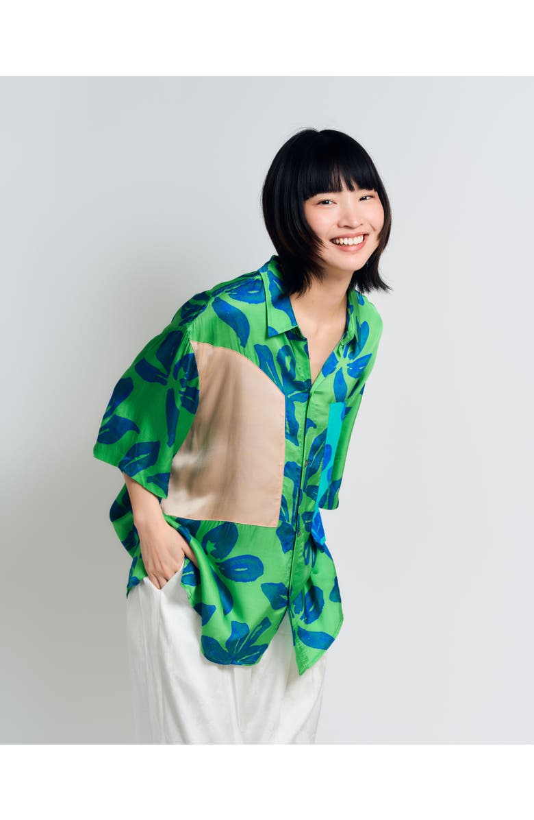 Lost Pattern NYC "Tropical Bliss" Patchwork Oversized Hawaii Shirt, Alternate, color, Green