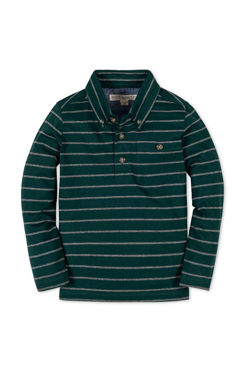Hope & Henry Kids' Organic Long Sleeve Jersey Knit Polo Shirt, Main, color, Green London Stripe