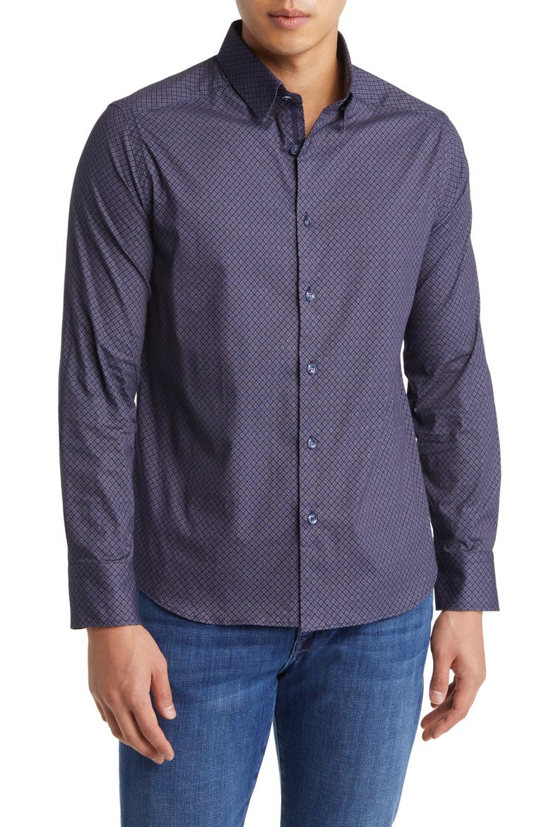 Geometric Print Stretch Button-Up Shirt, Main, color, NAVY