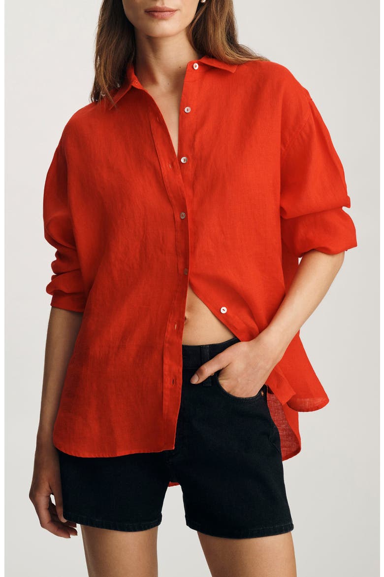 Relaxed Fit Linen Button-Up Shirt, Main, color, FIERY RED