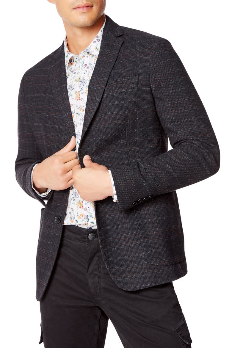 Slim Fit Plaid Knit Wool Blend Sport Coat, Alternate, color, BLACK