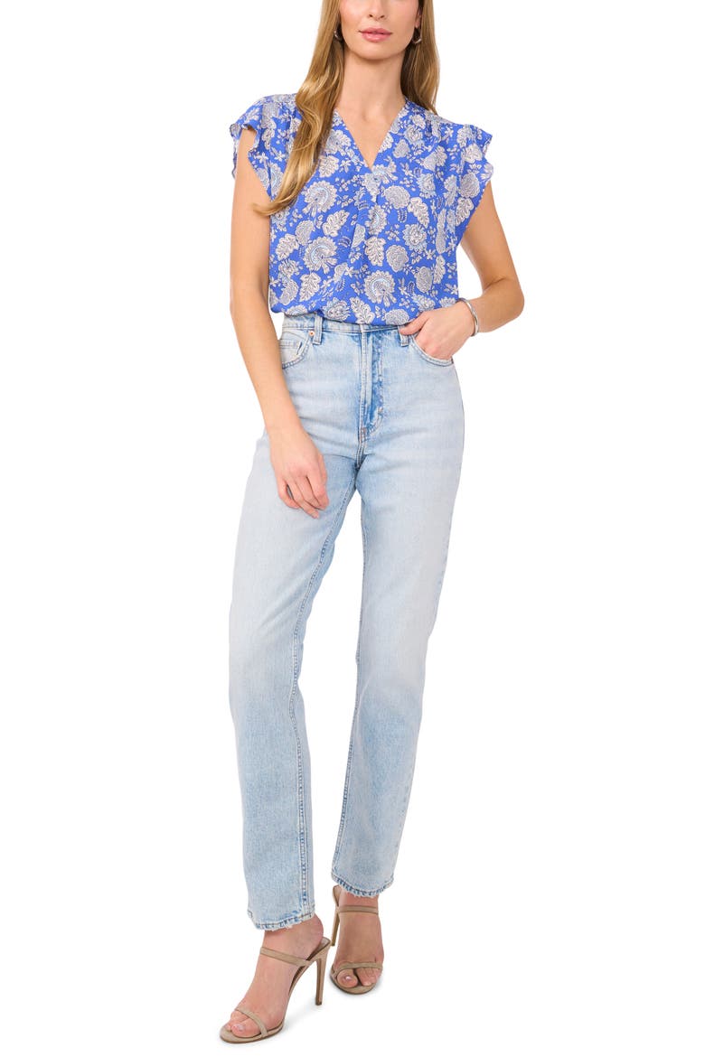 V-Neck Flutter Sleeve Top, Alternate, color, DEEP AZURE