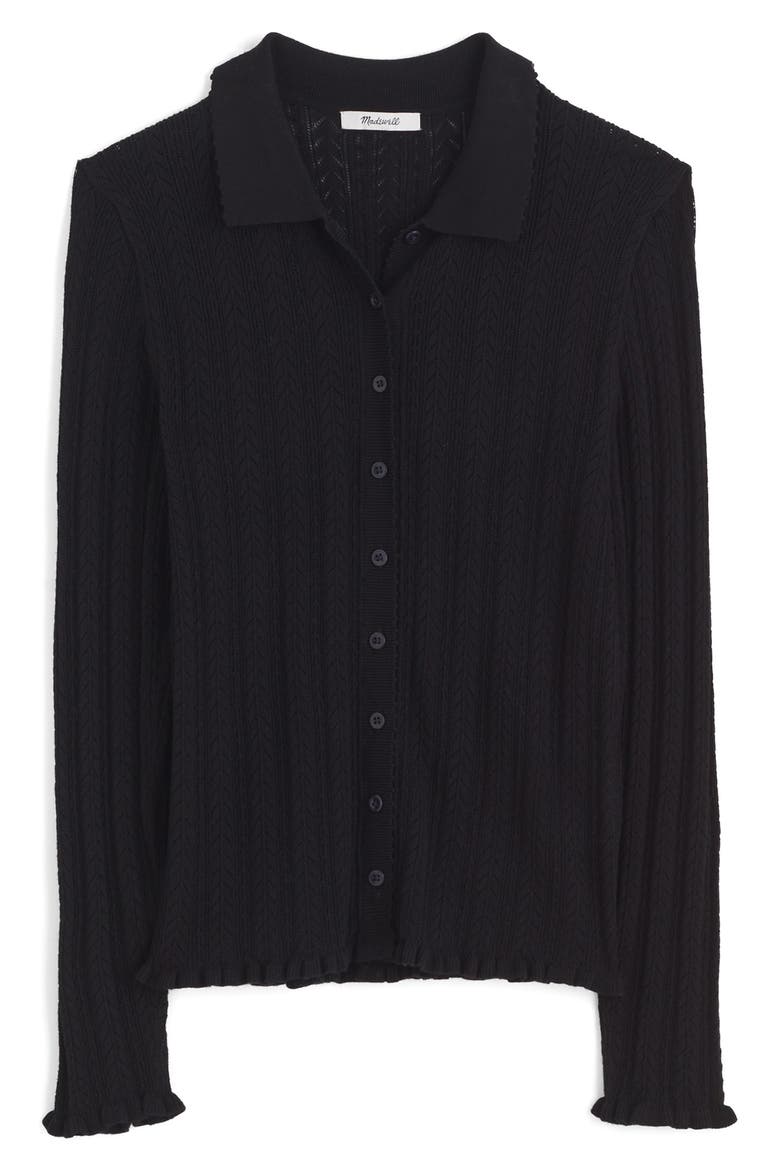 Ruffle Trim Pointelle Cardigan, Main, color, ABYSS