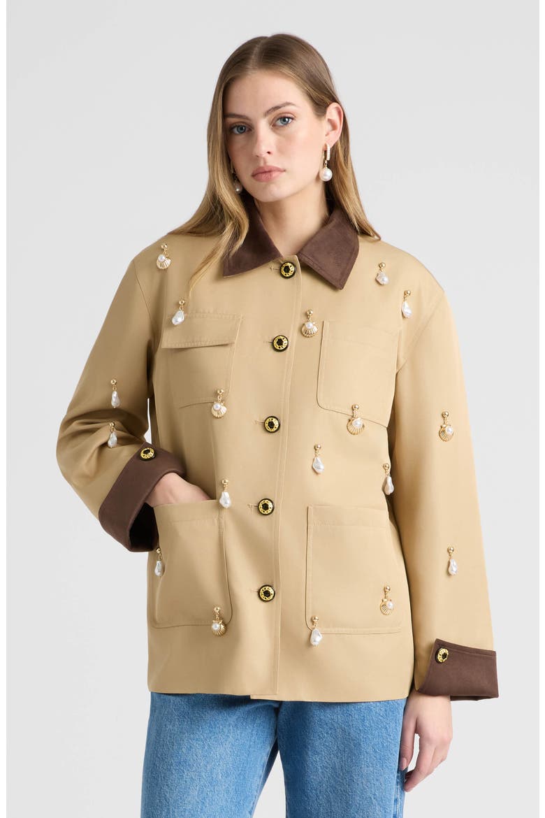 Faux Pearl Charm Detail Twill Jacket, Alternate, color, BRITISH TAN