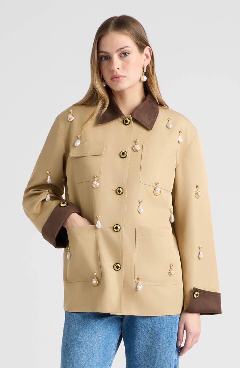 NVLT Faux Pearl Charm Detail Twill Jacket, Alternate, color,