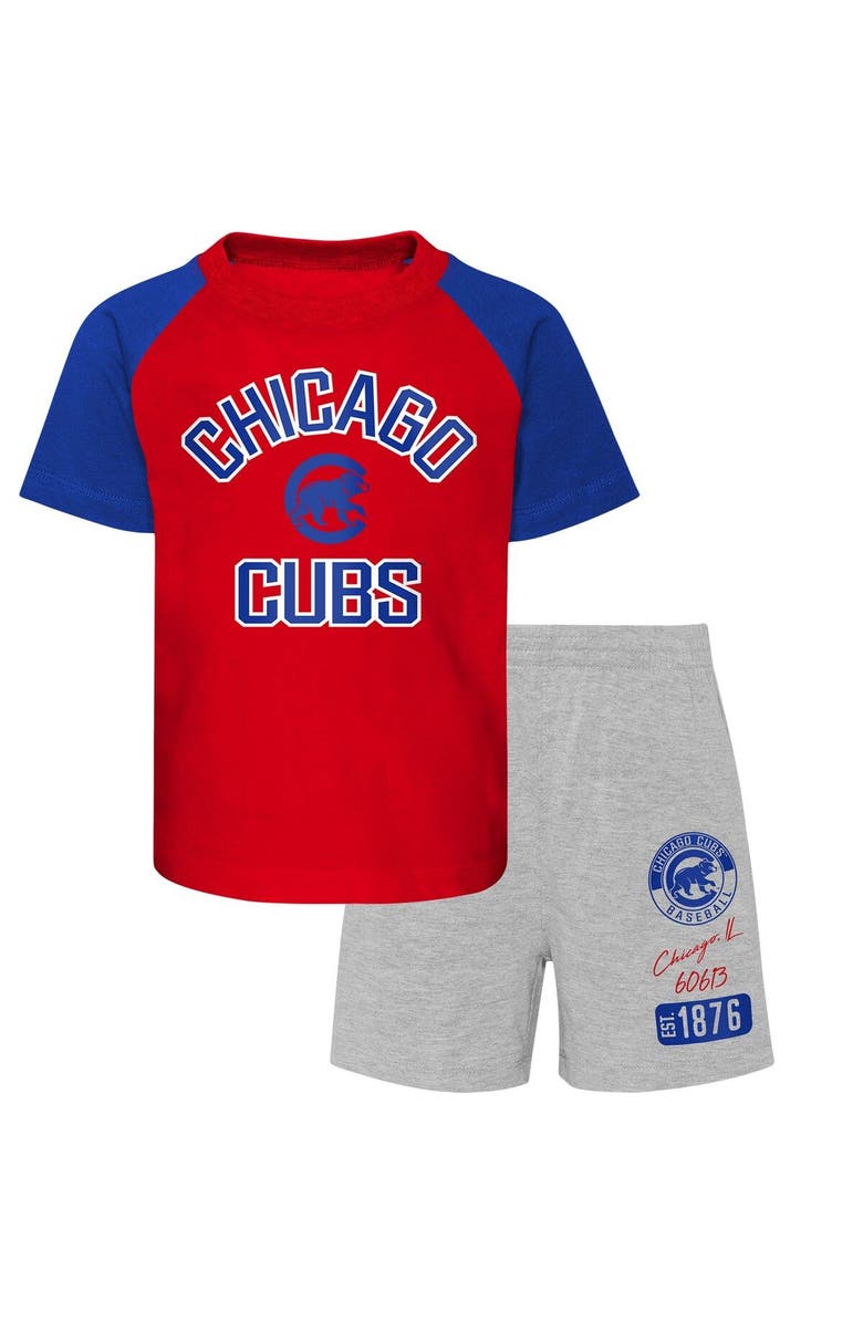 Outerstuff Preschool Chicago Cubs Red/Heather Gray Groundout Baller Raglan T-Shirt & Shorts Set, Main, color,