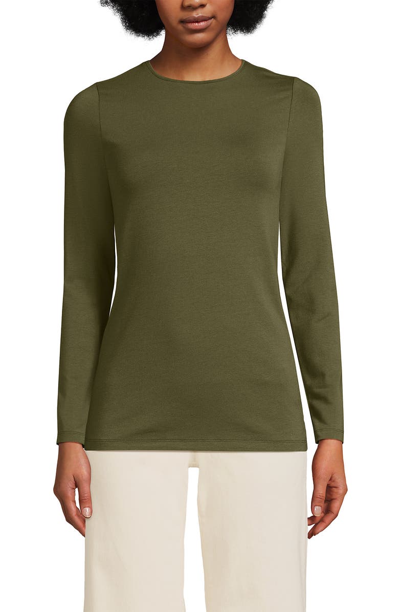 Lands' End Plus Size Lightweight Jersey Skimming Long Sleeve Crew Neck T-shirt, Main, color, Olive Drab