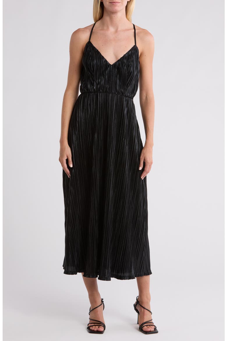 Metallic Plissé Midi Dress, Main, color, BLACK