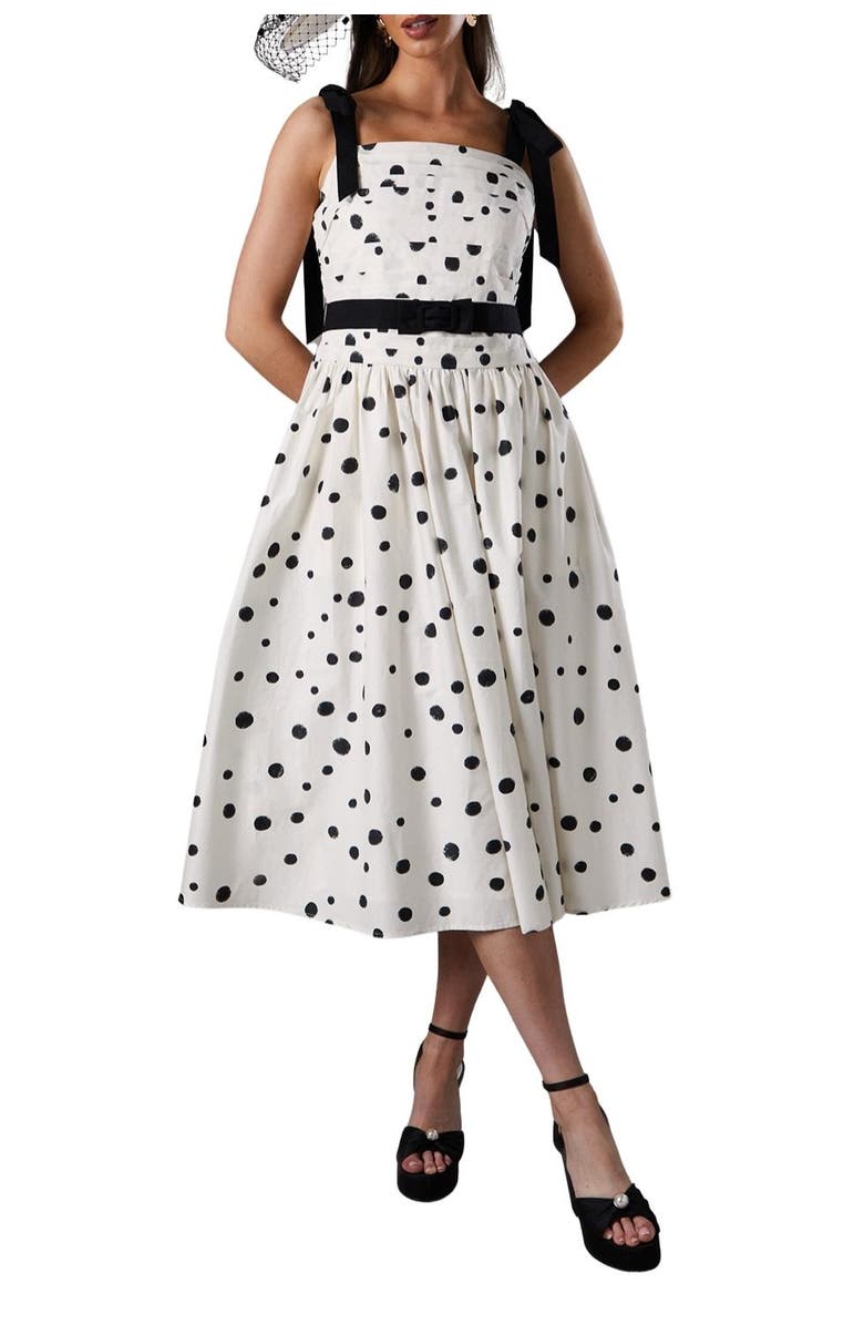 Coast Lisa Tan Mono Spot Bow Detail Midi Dress, Alternate, color, Mono