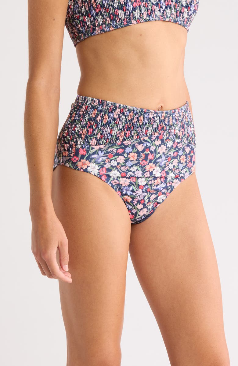Hutch Smocked High Waist Bikini Bottoms, Alternate, color, Navy Garden