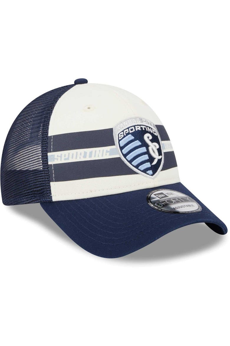 Men's New Era White/Navy Sporting Kansas City Team Stripes 9FORTY Trucker Snapback Hat, Alternate, color, White