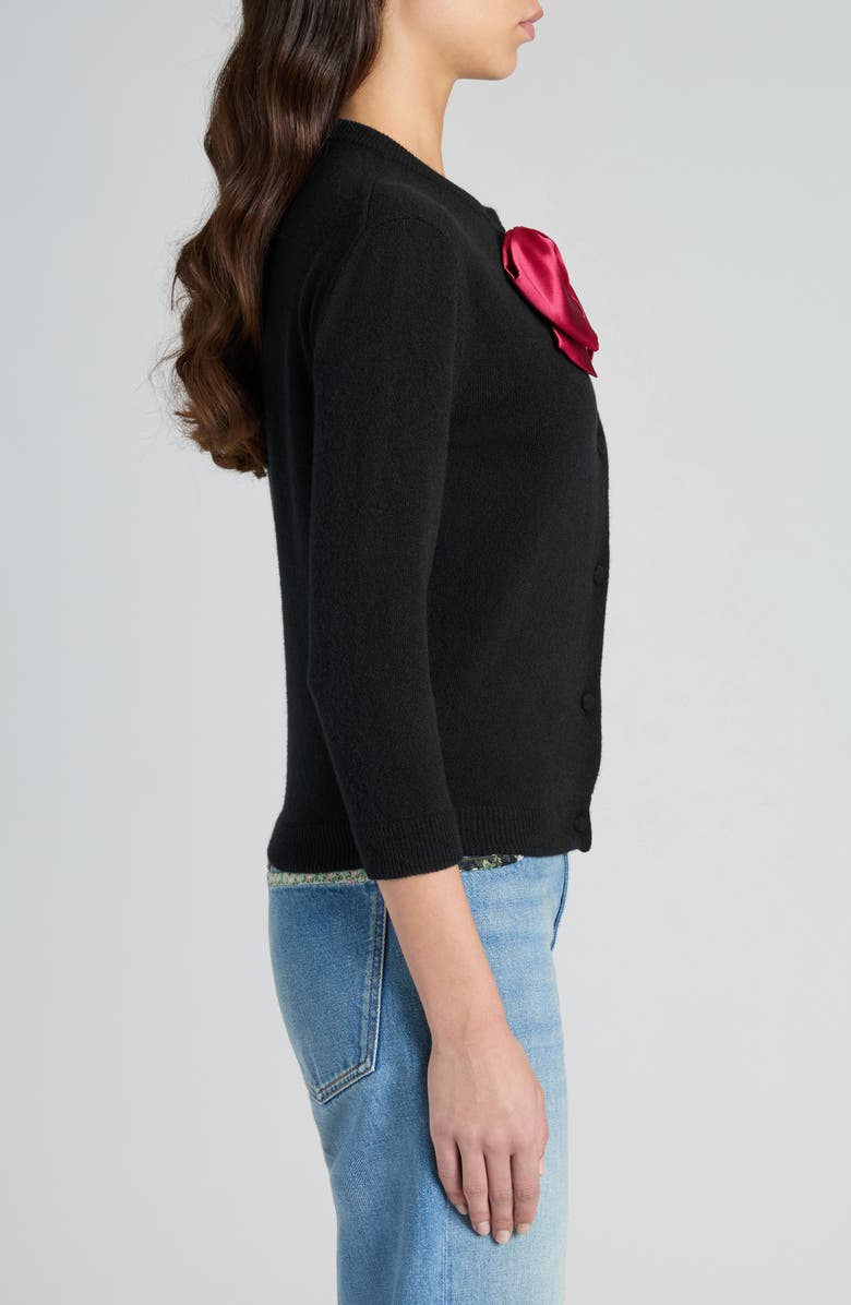 Valentino Garavani Satin Bow Virgin Wool Cardigan, Alternate, color, Black