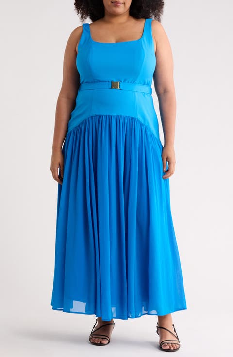 Ridge Sleeveless Belted Mixed Media Dress (Plus)